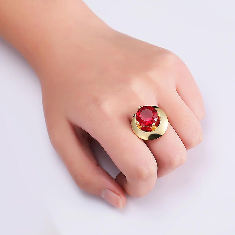 Ruby Crystal Chapado En Oro Cobre Fino Elegante Anillo De Dedo Joyería Fina Para Mujer