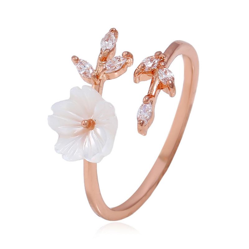 Trendy Delicate Zirconia Crystal Ring Leaf Shell Flower Anillos Abiertos De Oro Rosa Para Mujer Niña