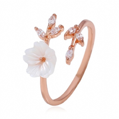 Trendy Delicate Zirconia Crystal Ring Leaf Shell Flower Anillos Abiertos De Oro Rosa Para Mujer Niña