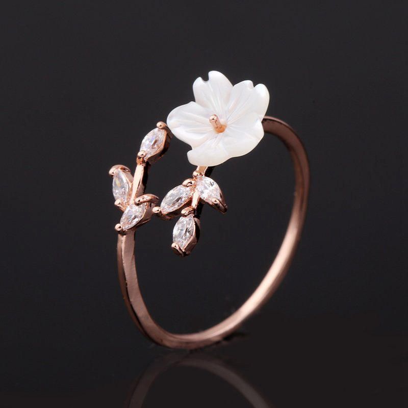 Trendy Delicate Zirconia Crystal Ring Leaf Shell Flower Anillos Abiertos De Oro Rosa Para Mujer Niña