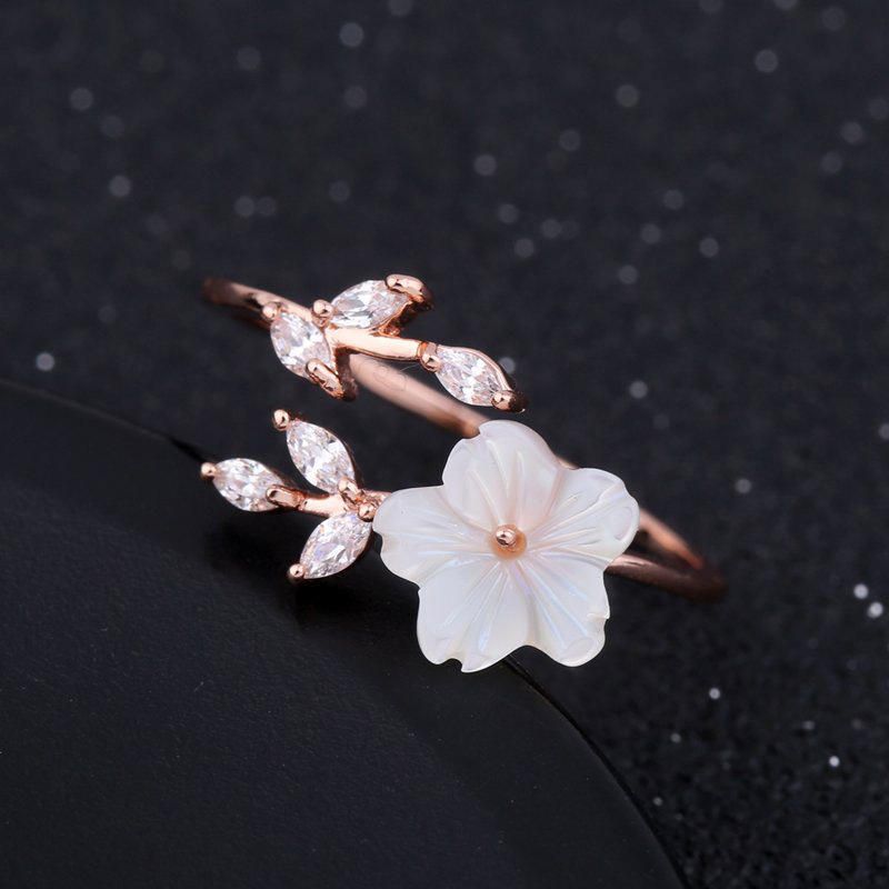 Trendy Delicate Zirconia Crystal Ring Leaf Shell Flower Anillos Abiertos De Oro Rosa Para Mujer Niña