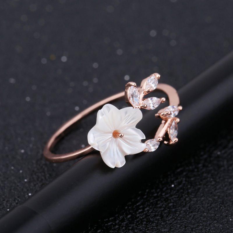 Trendy Delicate Zirconia Crystal Ring Leaf Shell Flower Anillos Abiertos De Oro Rosa Para Mujer Niña