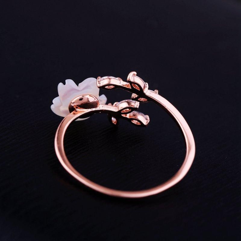 Trendy Delicate Zirconia Crystal Ring Leaf Shell Flower Anillos Abiertos De Oro Rosa Para Mujer Niña