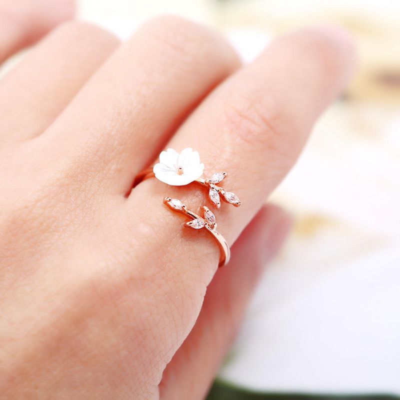 Trendy Delicate Zirconia Crystal Ring Leaf Shell Flower Anillos Abiertos De Oro Rosa Para Mujer Niña