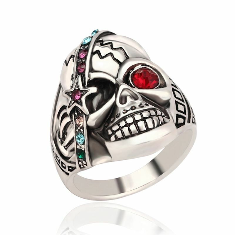 Vintage Halloween Men Jewelry Skull Head Punk Anillo De Diamantes De Imitación Multicolor Para Hombres