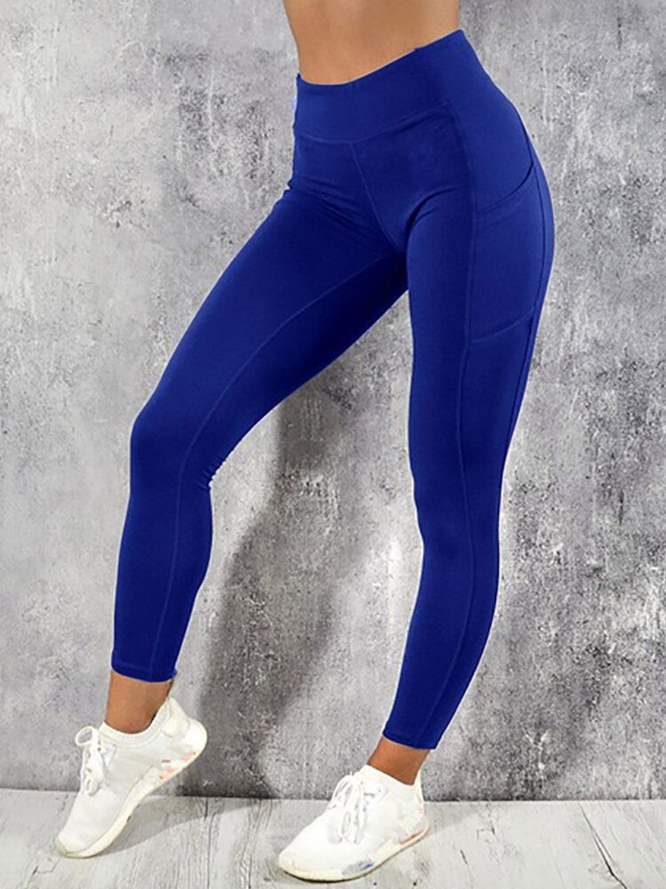 Leggings Ajustados Deportivos De Yoga De Bolsillo De Color Sólido Para Mujer