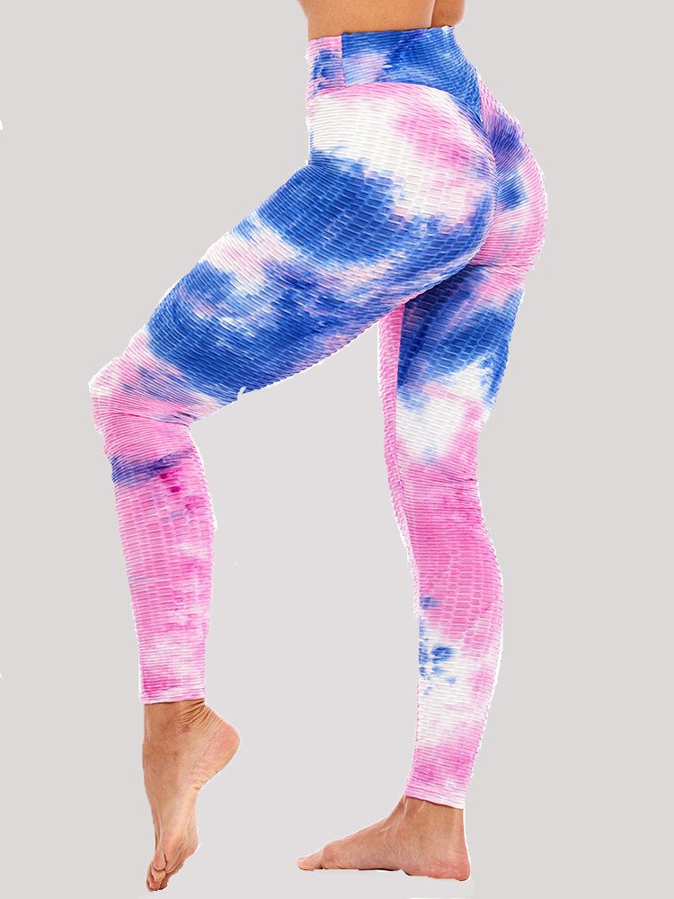 Leggings Casuales De Yoga Deportivos Ajustados De Cintura Alta Con Estampado Aleatorio Tie-dye Para Mujeres