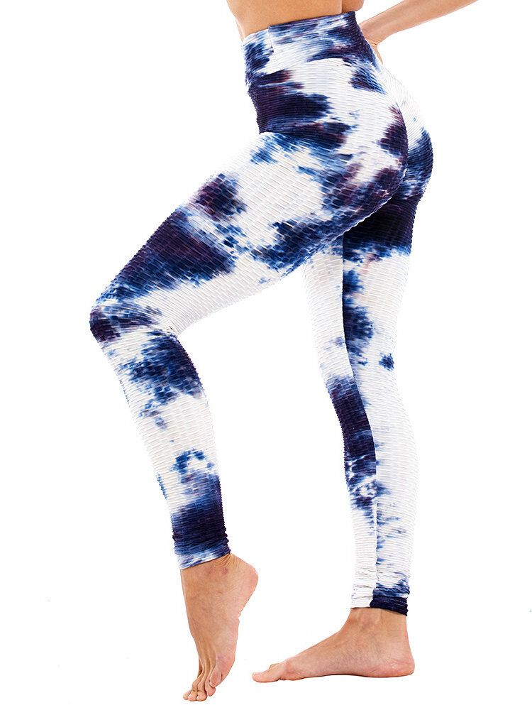 Leggings Casuales De Yoga Deportivos Ajustados De Cintura Alta Con Estampado Aleatorio Tie-dye Para Mujeres