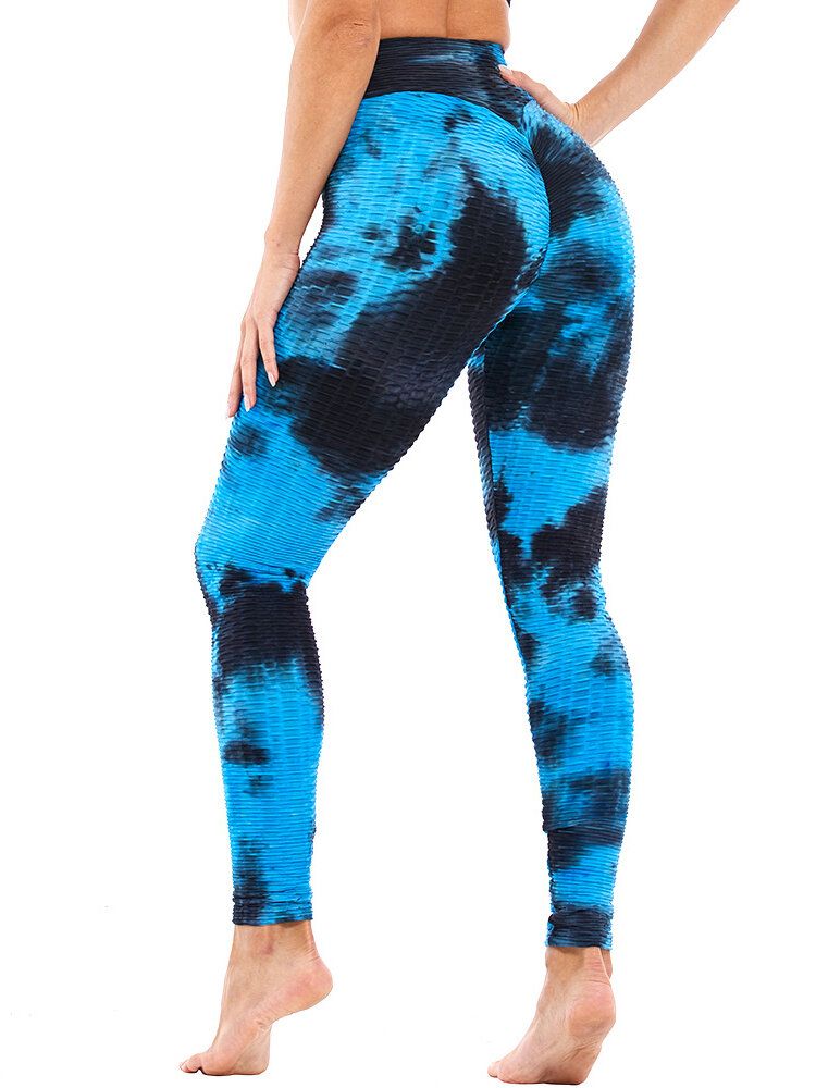 Leggings Casuales De Yoga Deportivos Ajustados De Cintura Alta Con Estampado Aleatorio Tie-dye Para Mujeres