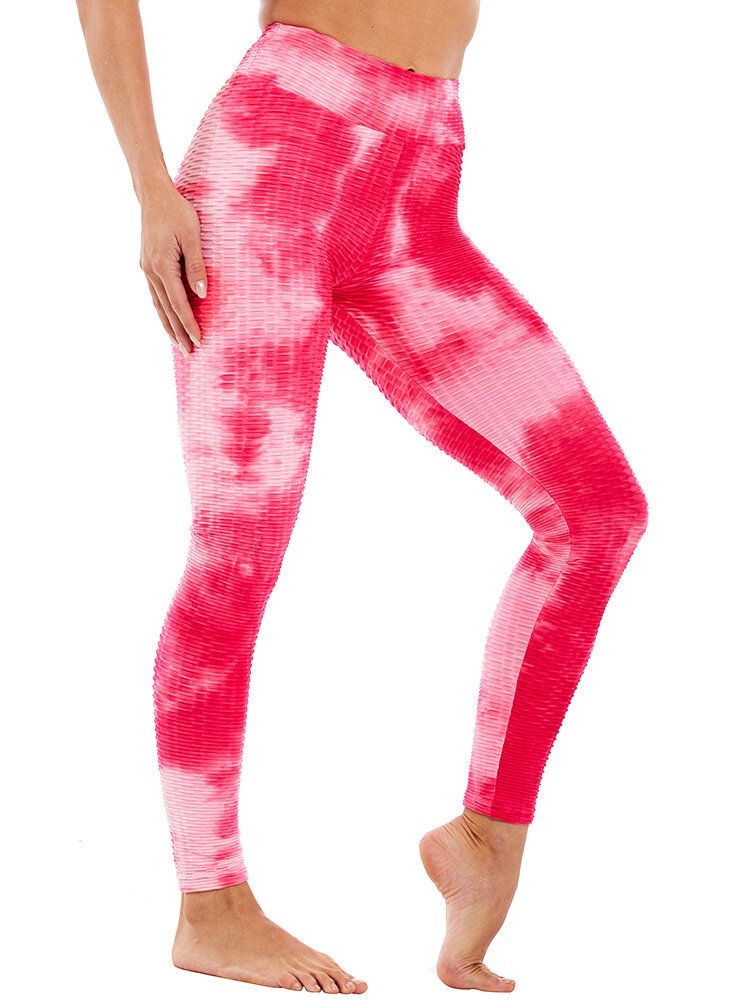 Leggings Casuales De Yoga Deportivos Ajustados De Cintura Alta Con Estampado Aleatorio Tie-dye Para Mujeres