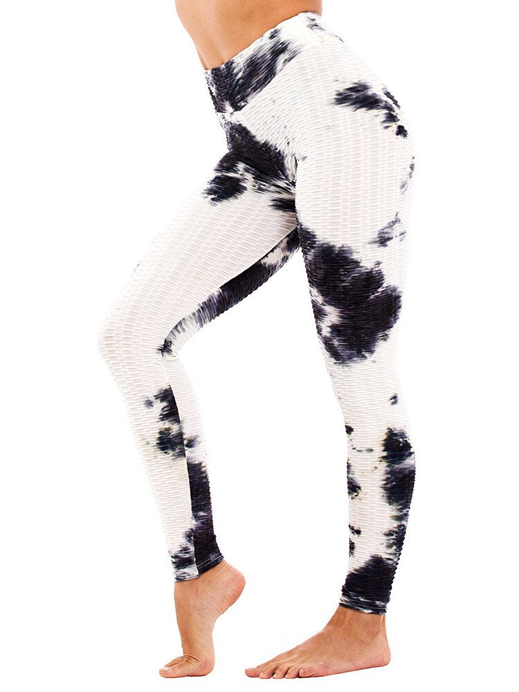 Leggings Casuales De Yoga Deportivos Ajustados De Cintura Alta Con Estampado Aleatorio Tie-dye Para Mujeres