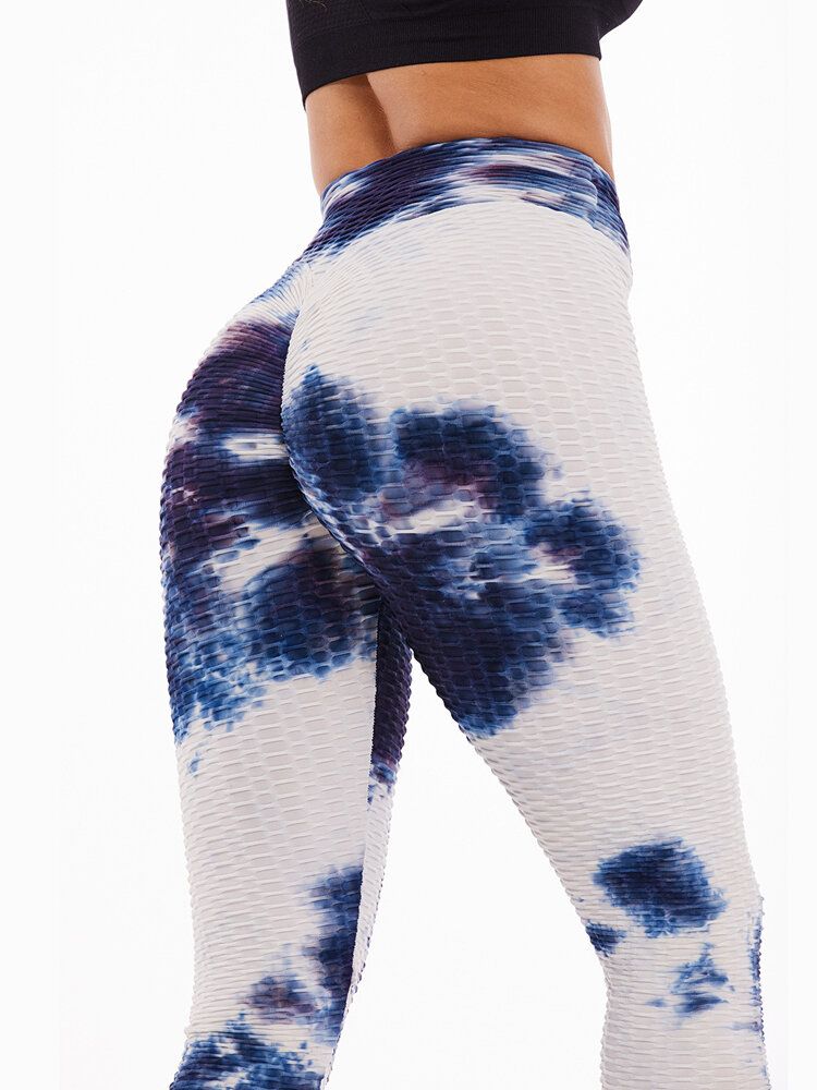 Leggings Casuales De Yoga Deportivos Ajustados De Cintura Alta Con Estampado Aleatorio Tie-dye Para Mujeres