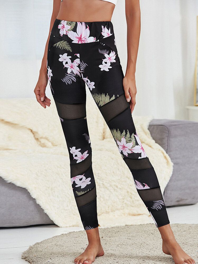 Leggings Deportivos De Yoga De Retazos De Malla Con Estampado Floral Para Mujer