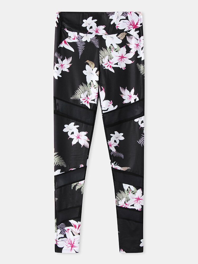 Leggings Deportivos De Yoga De Retazos De Malla Con Estampado Floral Para Mujer