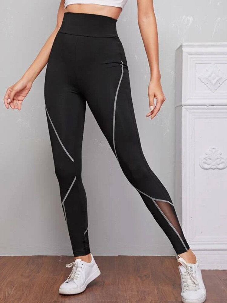 Leggings Informales Deportivos Ajustados Con Cintura Elástica Y Estampado De Línea De Parche Para Mujer