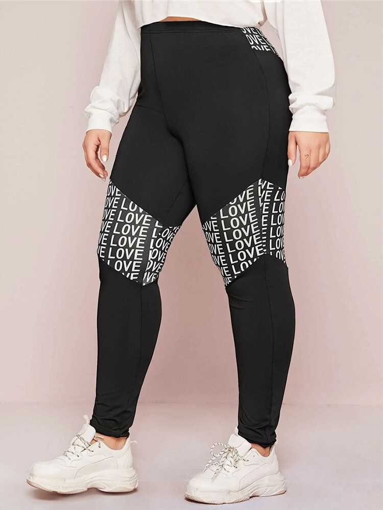 Leggings Informales Deportivos De Retazos Con Estampado De Alfabeto De Moda Para Mujer De Talla Grande