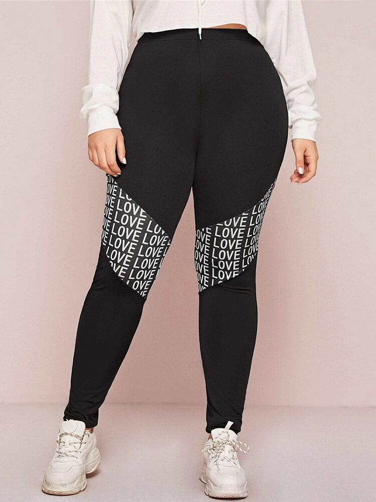 Leggings Informales Deportivos De Retazos Con Estampado De Alfabeto De Moda Para Mujer De Talla Grande