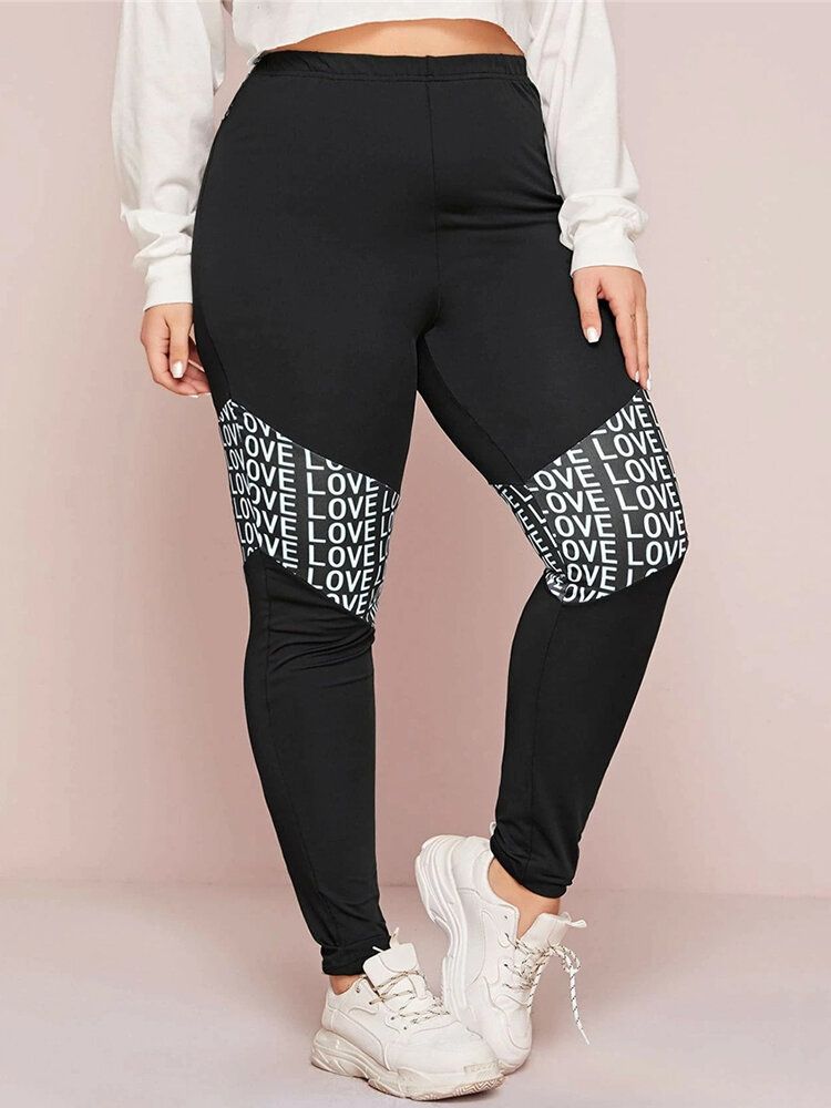 Leggings Informales Deportivos De Retazos Con Estampado De Alfabeto De Moda Para Mujer De Talla Grande