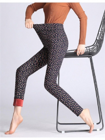 Leggings De Terciopelo De Felpa Gruesos Elásticos De Cintura Alta Con Estampado Floral Para Mujer