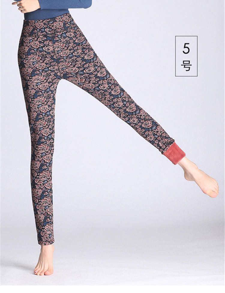 Leggings De Terciopelo De Felpa Gruesos Elásticos De Cintura Alta Con Estampado Floral Para Mujer