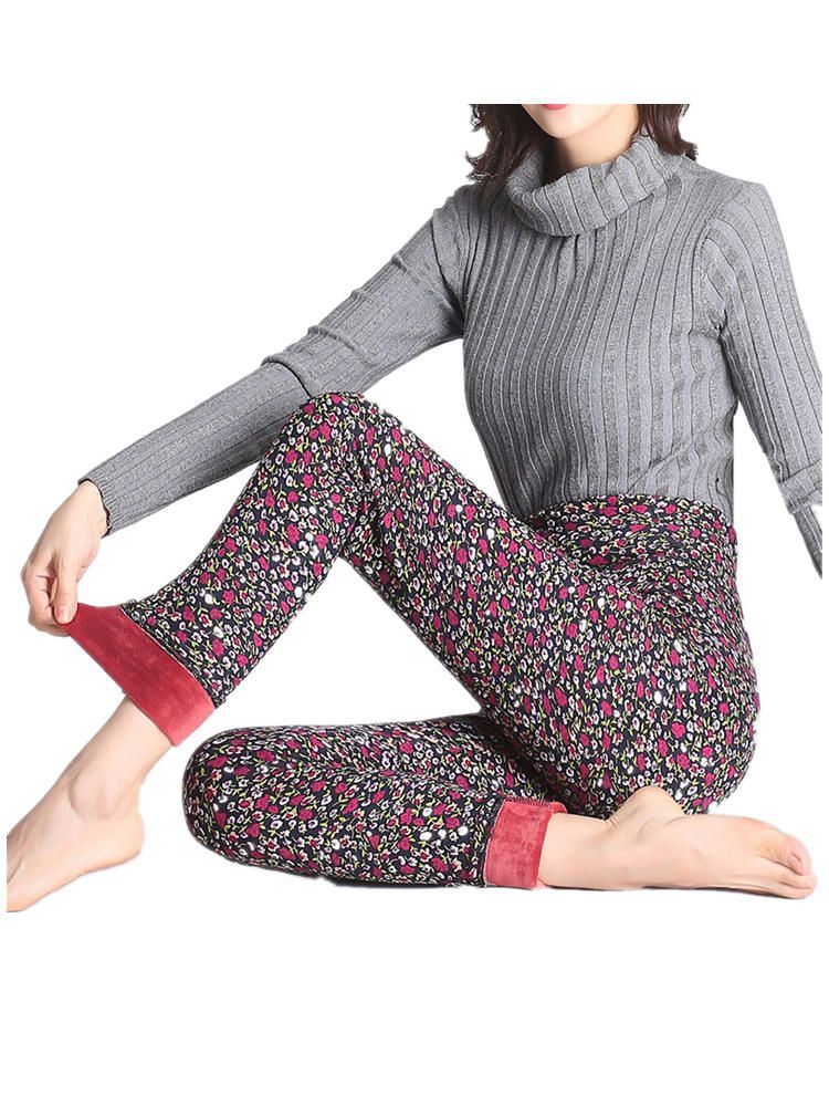 Leggings De Terciopelo De Felpa Gruesos Elásticos De Cintura Alta Con Estampado Floral Para Mujer