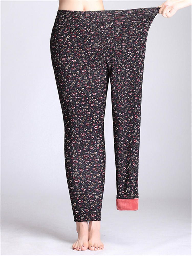 Leggings De Terciopelo De Felpa Gruesos Elásticos De Cintura Alta Con Estampado Floral Para Mujer