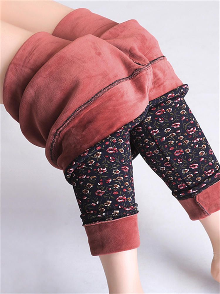 Leggings De Terciopelo De Felpa Gruesos Elásticos De Cintura Alta Con Estampado Floral Para Mujer