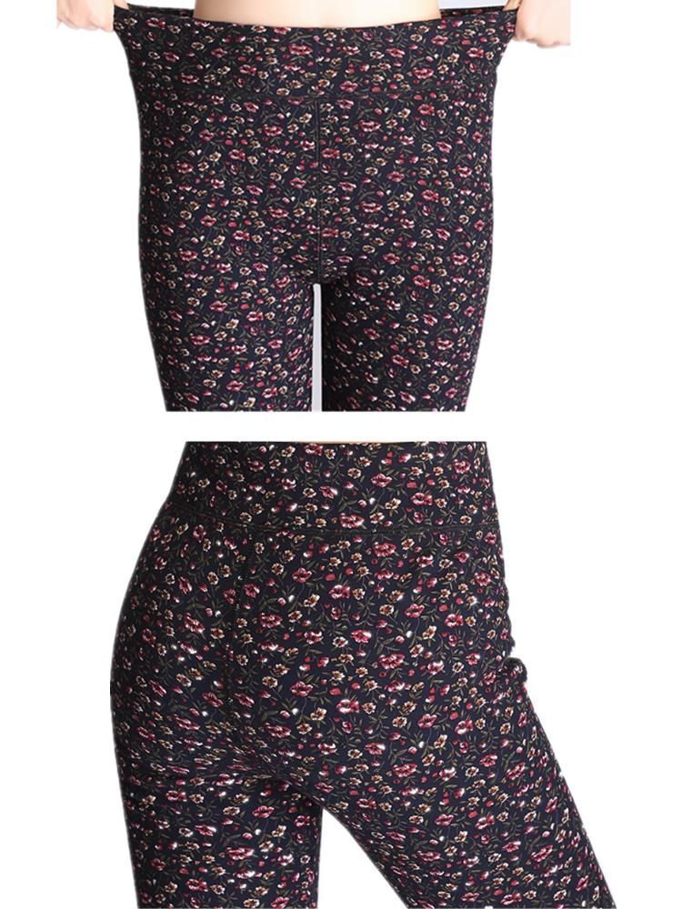 Leggings De Terciopelo De Felpa Gruesos Elásticos De Cintura Alta Con Estampado Floral Para Mujer