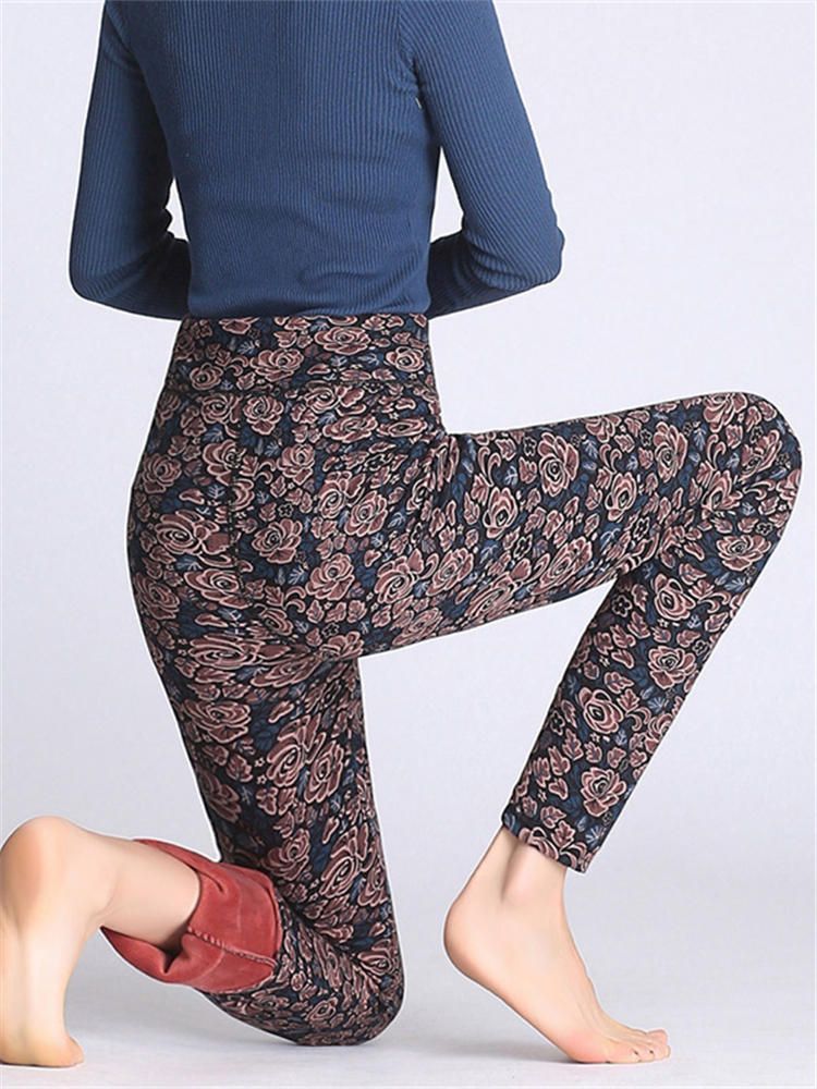 Leggings De Terciopelo De Felpa Gruesos Elásticos De Cintura Alta Con Estampado Floral Para Mujer