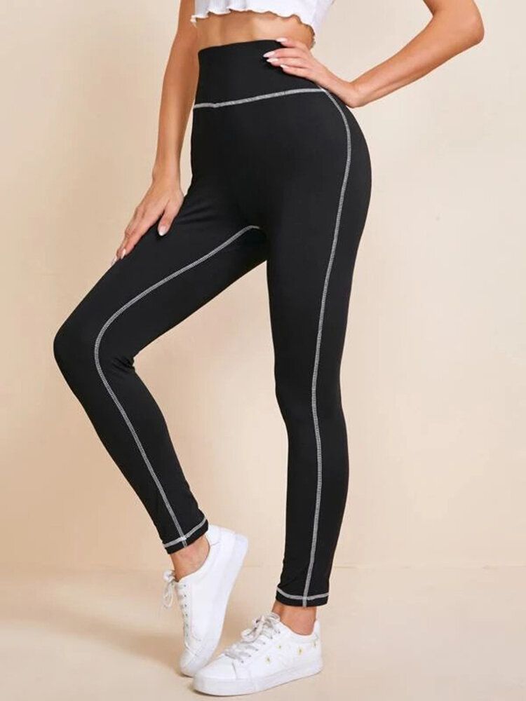 Leggings De Yoga Con Pespuntes De Cintura Alta De Color Sólido Para Mujer