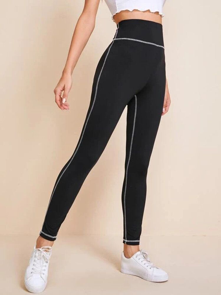 Leggings De Yoga Con Pespuntes De Cintura Alta De Color Sólido Para Mujer