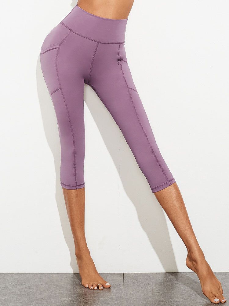 Leggings De Yoga Para Mujer Con Bolsillo De Retazos De Color Sólido Elástico De Cintura Alta Recortada Para Correr Para Correr