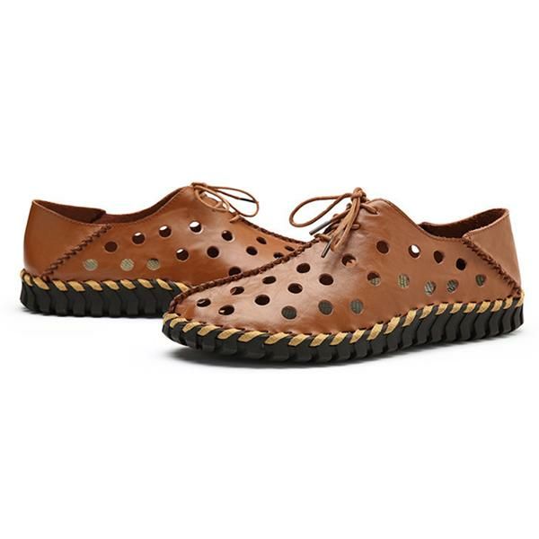 Hombres Casual Costura A Mano Huecos De Cuero Genuino Oxfords