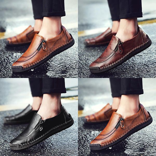 Hombres Costura Suave A Mano Cuero Genuino Cremallera Lateral Deslizamiento En Oxfords