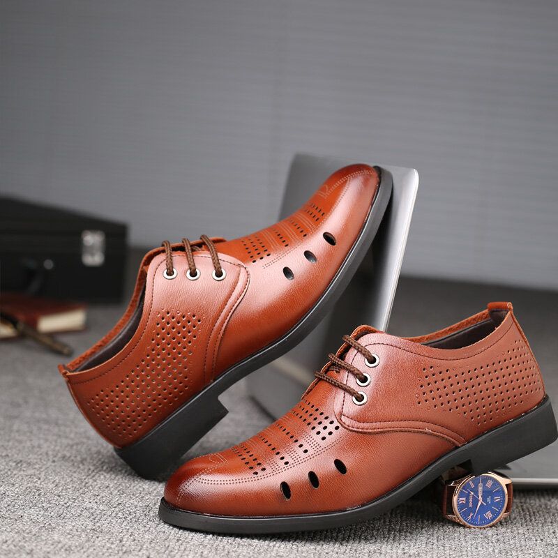 Hombres De Cuero De Microfibra Transpirable Ahuecados Oxfords Zapatos De Negocios Casuales