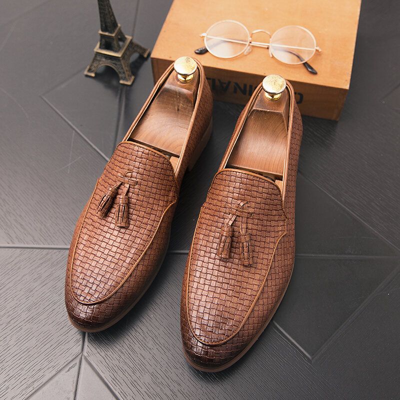 Hombres Tejidos Detalle Borla Decoración Cómodo Slip On Business Casual Zapatos Suaves