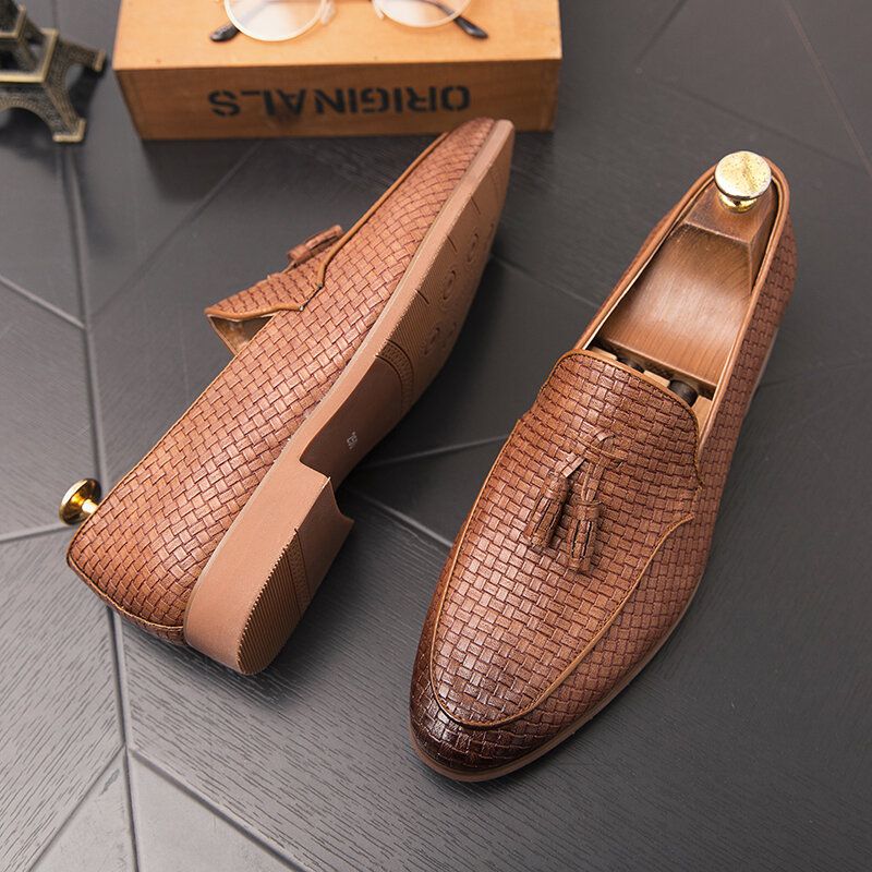 Hombres Tejidos Detalle Borla Decoración Cómodo Slip On Business Casual Zapatos Suaves