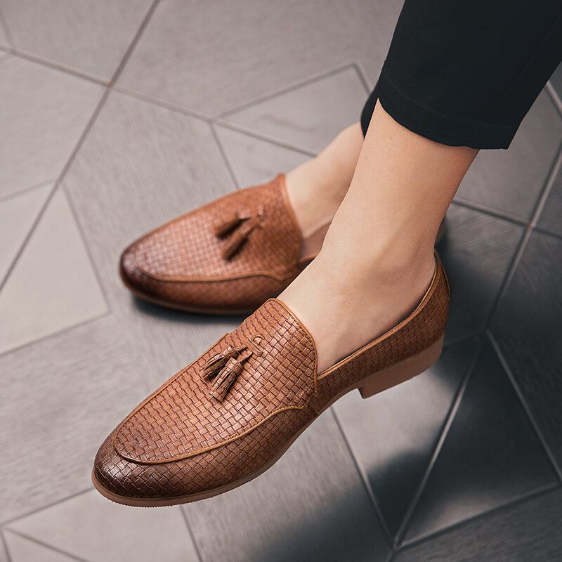 Hombres Tejidos Detalle Borla Decoración Cómodo Slip On Business Casual Zapatos Suaves