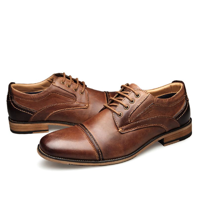 Oxfords Formales De Negocios De Costura Vintage De Cuero De Plena Flor Para Hombre