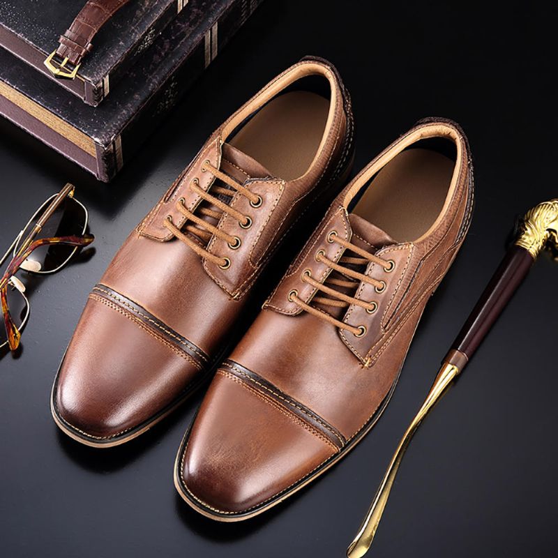 Oxfords Formales De Negocios De Costura Vintage De Cuero De Plena Flor Para Hombre