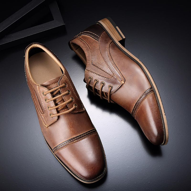 Oxfords Formales De Negocios De Costura Vintage De Cuero De Plena Flor Para Hombre