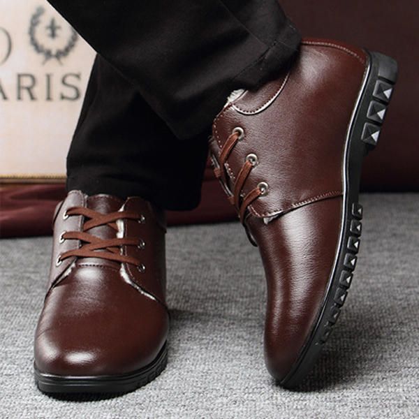 Oxfords Planos De Cuero Con Punta Redonda Y Forro Sintético Con Cordones Para Hombres