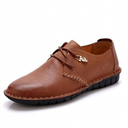 Oxfords Planos Formales Con Punta Redonda Y Cordones De Cuero Suave