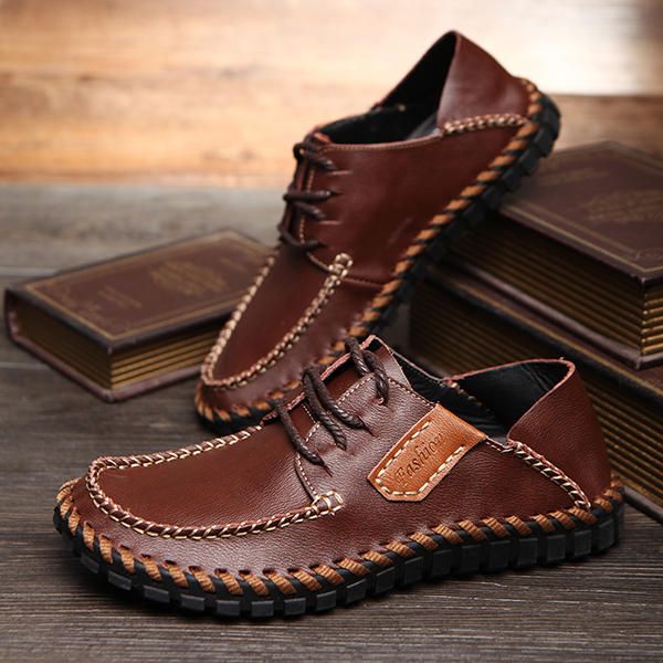 Zapatos Casuales Con Cordones De Cuero De Vaca Cosido A Mano Suave Para Hombres