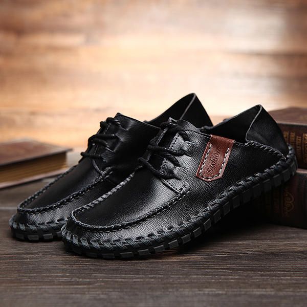 Zapatos Casuales Con Cordones De Cuero De Vaca Cosido A Mano Suave Para Hombres