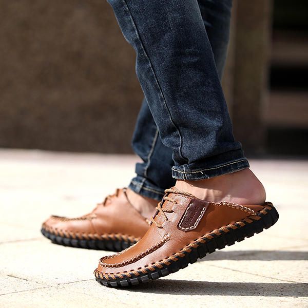 Zapatos Casuales Con Cordones De Cuero De Vaca Cosido A Mano Suave Para Hombres