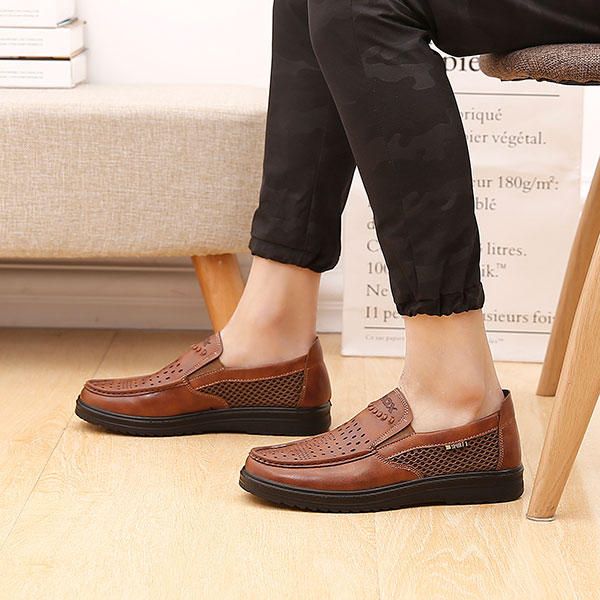 Zapatos Cómodos De Cuero Para Hombre Transpirables Ahuecados Sin Cordones Oxford