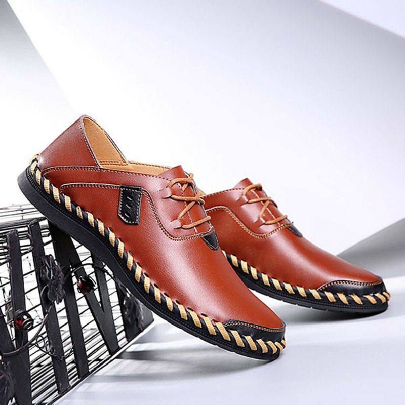 Zapatos De Hombre De Gran Tamaño Cuero Genuino Con Cordones Costura A Mano Casual Oxfords