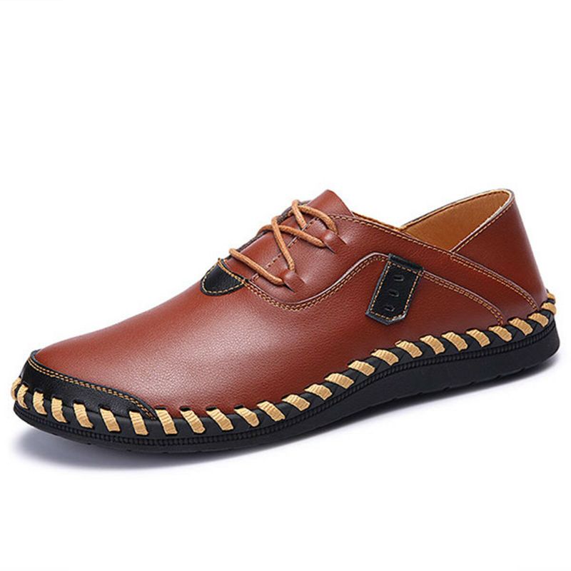 Zapatos De Hombre De Gran Tamaño Cuero Genuino Con Cordones Costura A Mano Casual Oxfords