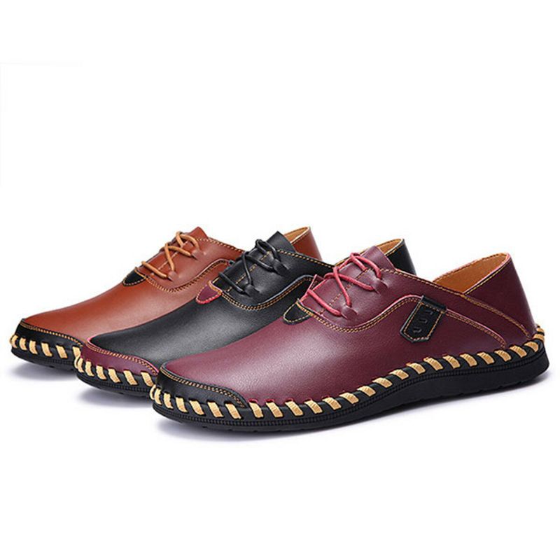 Zapatos De Hombre De Gran Tamaño Cuero Genuino Con Cordones Costura A Mano Casual Oxfords